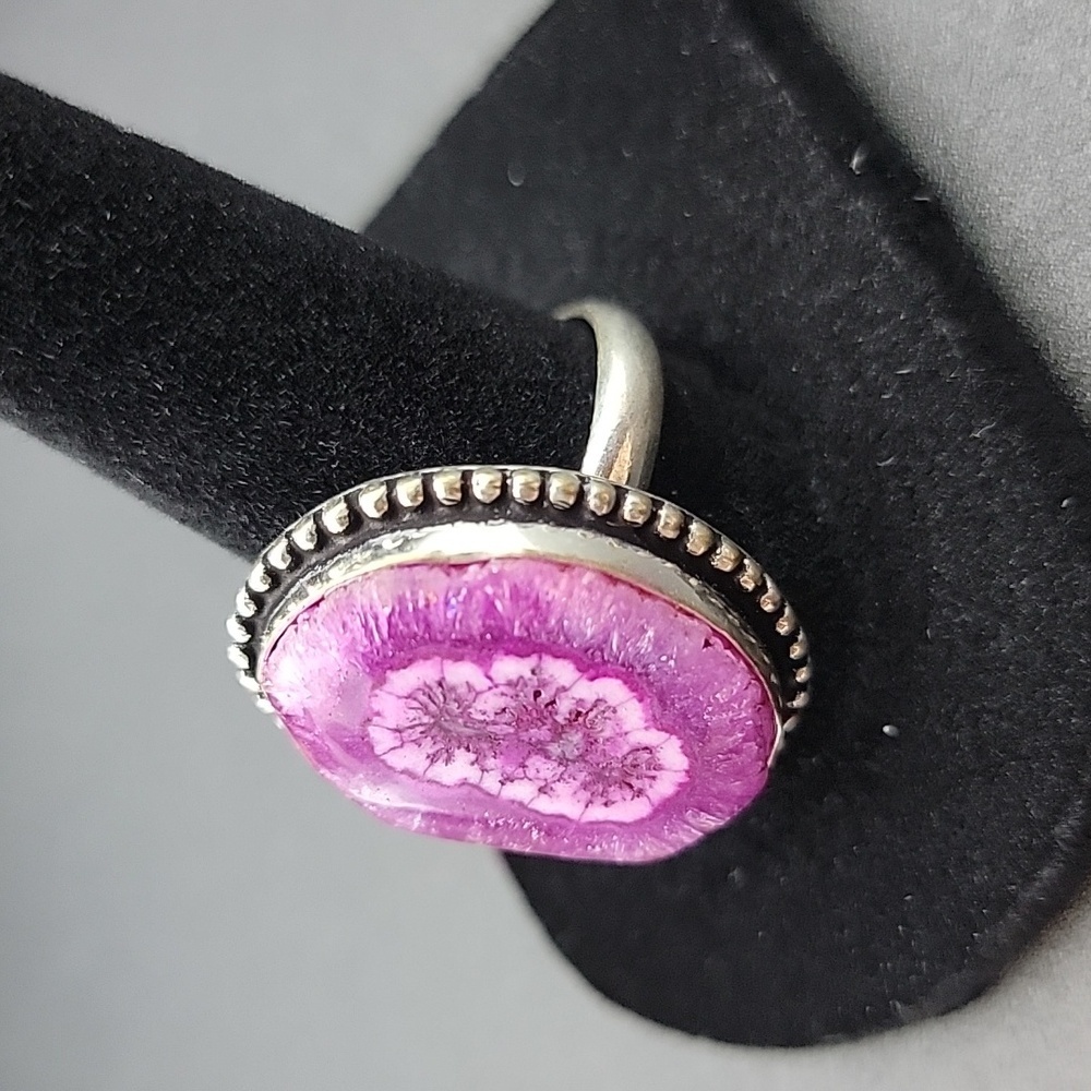 Silver Ring with Pink Agate Geode Center